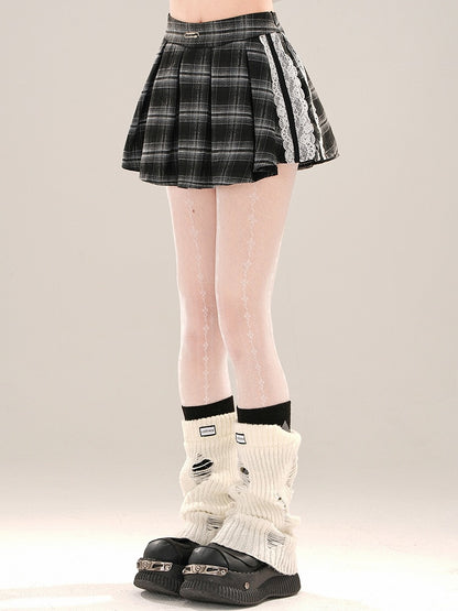 Lace Mini Skirt Accents Pleat Box Plaid Black