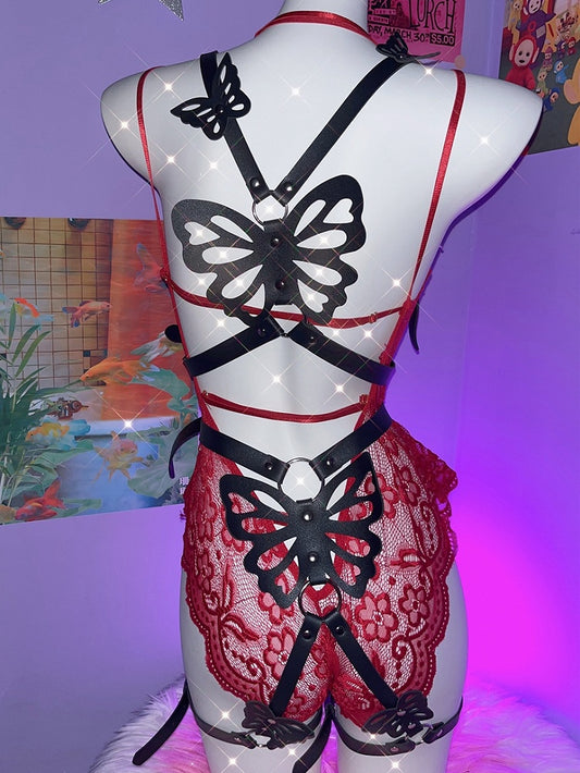 Harness Design Strumpfband mit Gürtel Schmetterling Schwarz PU