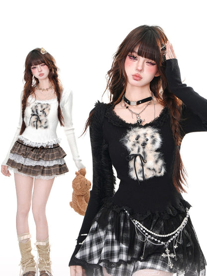 Glamorous Black/Gray/White Acubi Fashion Neckline Hem Ruffled Plush Puppy Knitted Top Adorable and