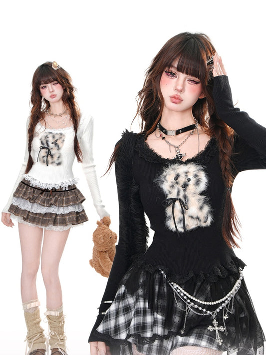Glamorous Black/Gray/White Acubi Fashion Neckline Hem Ruffled Plush Puppy Knitted Top Adorable and