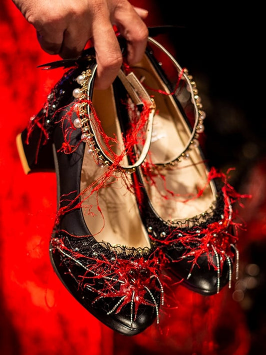 Decorated Heels BlueRed Lolita Block Spider Charm Design Shoes Beaded Gothic 5CM/8.5CM Heart