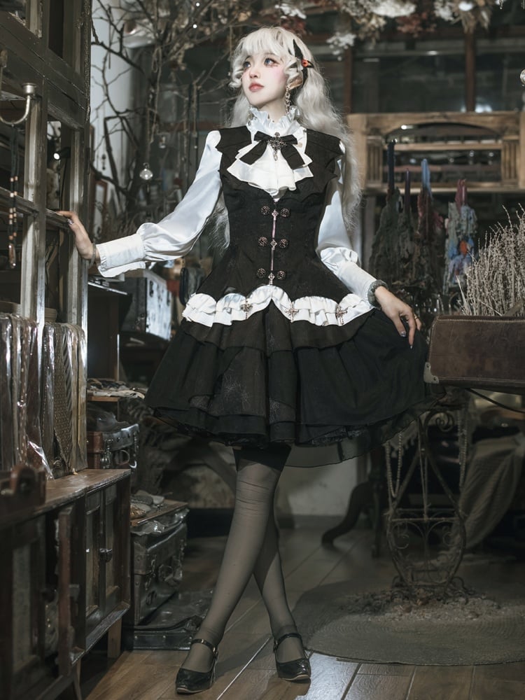 White and Black Gothic Lolita Outfit Shirt + Cross Charms Curved Hem Waistcoat + Spider Web Fabric Skirt Full Set