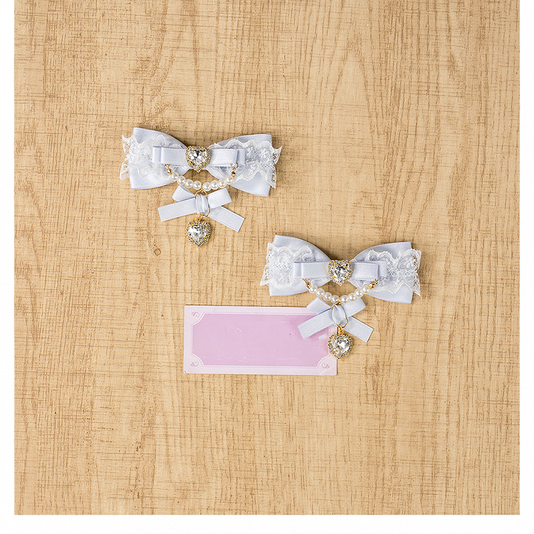 Jirai Kei Dusty Blue Bow Chain Beaded Lolita Hairclip Charm Heart