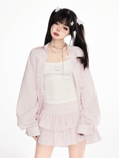 ウエストティアードストライプスカート ピンク ロー