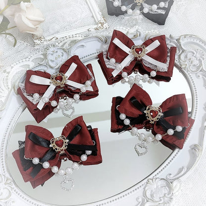 Jirai Kei Sweetheart Beaded Chain and Rhinestone Adorned Bowknot Hairclips