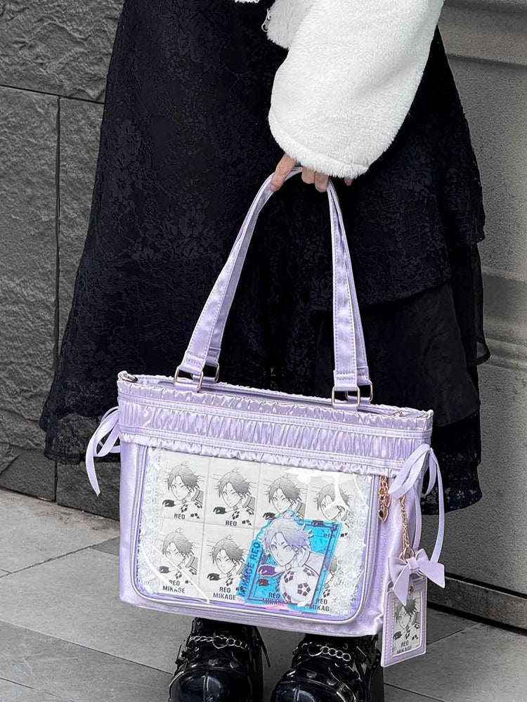 Ita Bag Ruffled Ribbon Bow Large Capacity Tote Purple Trim