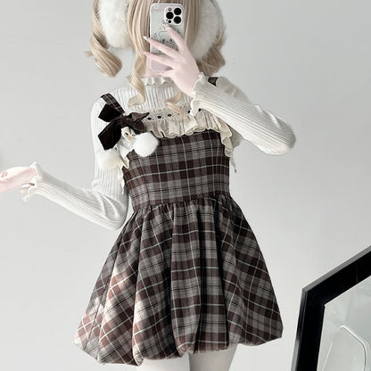 Brown Plaid Ruffled Trim Bubble Dress + White Top Set