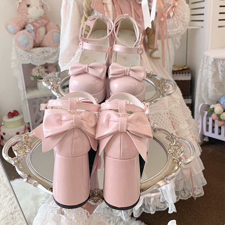 Pink Bowknot Platform High Block Heels Lolita Shoes