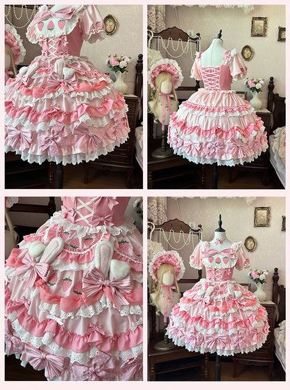 Creamy Strawberry Bunny Pink Bow Skirt Accents Tiered
