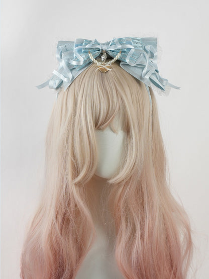 Lolita Blue Big Bow Beaded Chain and Heart Charm Lace Trim KC