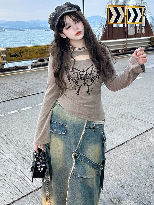 Plus Size Blue High Slit Frayed Hem Wasteland Punk Denim Skirt Cargo Pockets