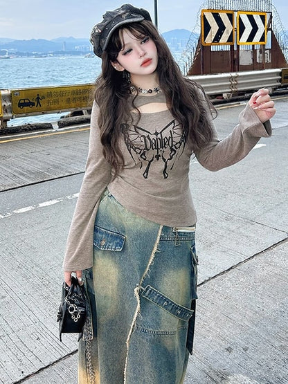 Plus Size Blue High Slit Frayed Hem Wasteland Punk Denim Skirt Cargo Pockets