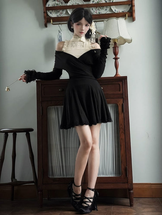 V-Neck + Short Top Hairclip Deep Sleeves Flower Knit Sleeveless Beige Black Long Dress