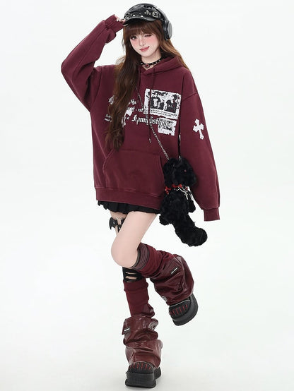 Black/Wine Red Crosses Print Graphic Hoodie