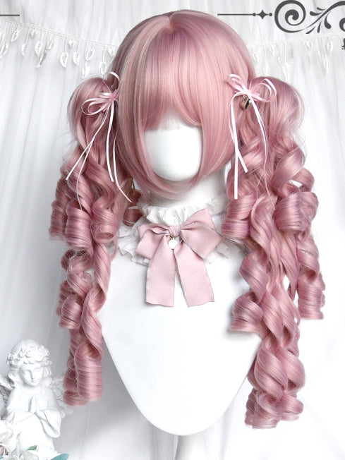 With + Clips Wigs Bangs Pink Curly Short Claw Ponytails Two Roman