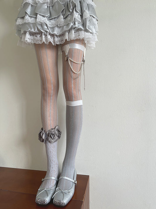 und Perlenanhänger/Blumenbesatz unter dem Knie Hohlsocken/Graue Strümpfe Strumpfhose/Bein Grau Sternförmig mit Strängen Schleife Halbtransparent