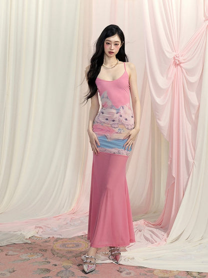 Pink Cute Cat Print Bodycon Skirt Slip Dress Mermaid