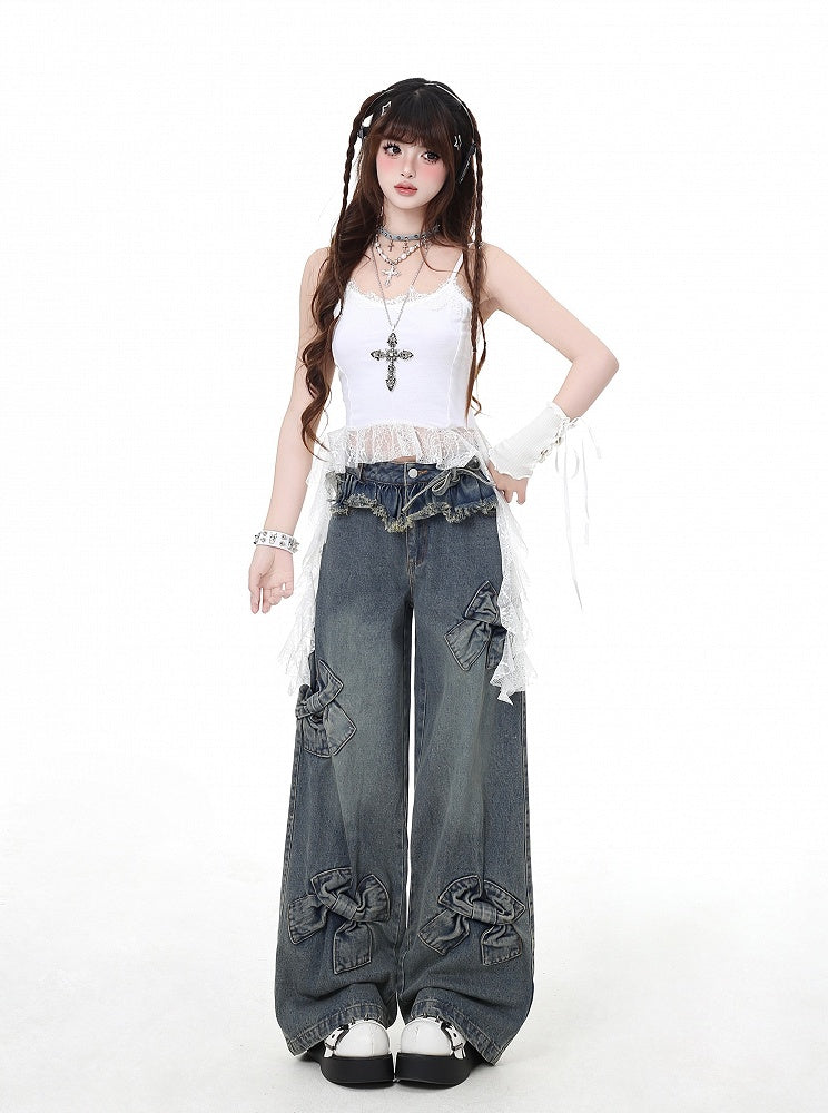 Blue Big Bows Raw Hem Wide-Leg Jeans