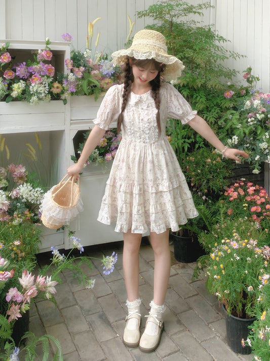 Bow Floral Dress White Peter Pan Collar Self-tie Waist Sweet