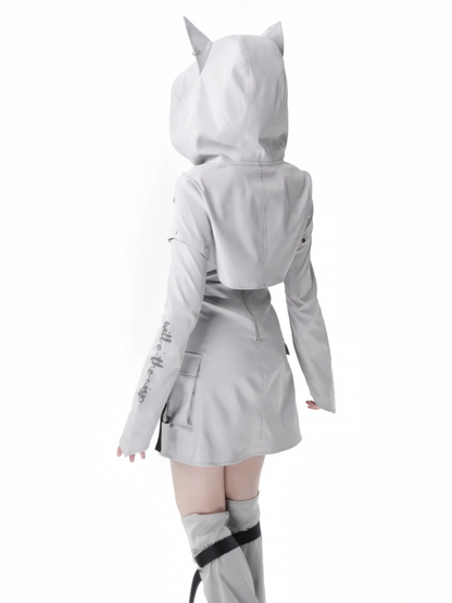 Light Gray Wolf Ears Hooded Futuristic Cropped Top