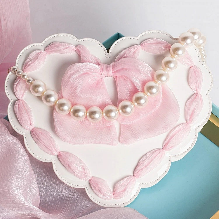 Two with Adjustable Handle Lolita Bag Strap Available Pearl Colors Bow Detail Heart-Shaped