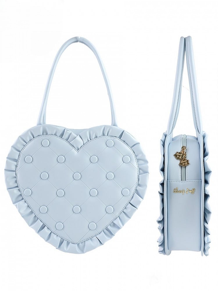 Handbag Heart-Shaped and Quilting Diamond with Blue Lolita Edges Frilly Ruffle