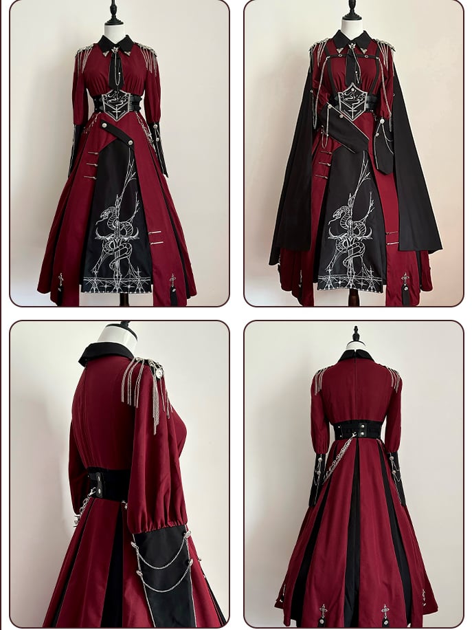 Long One Lolita Embroidery Red Snake Sleeves Decoration Piece Black And Cross Military