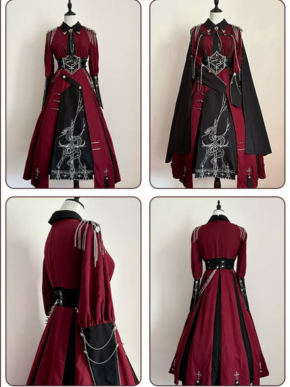 Long One Lolita Embroidery Red Snake Sleeves Decoration Piece Black And Cross Military