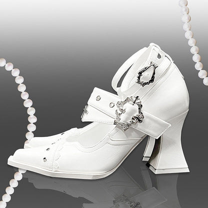 Punk Pointed Toe High Block Heels in White Coffin Buckles and Metal Cross with Gothic 8.5cm