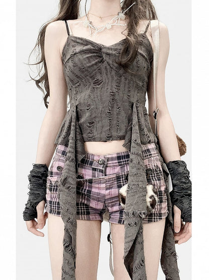 Gloves Gray Bittersweet Accents Top Ruffle Cascading + Distressed Details Cami