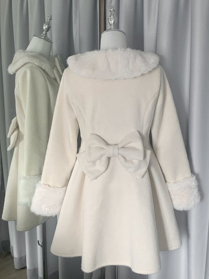Bowknot Jirai Beige Kei Details Collar and Decorated Plush Cuffs Coat Beaded