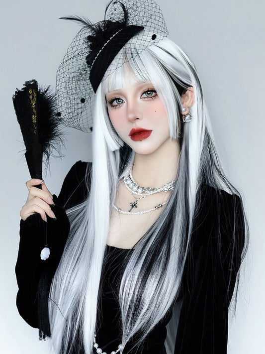 Highlight White Black Length Gothic Straight With And Hime Wig Bangs 80CM Air Cut