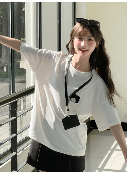 Applique Loose White Round Neck Kitty Embroidery T-Shirt