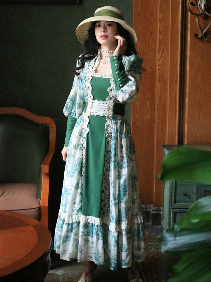 Robe vintage vert foncé à encolure carrée et manches gigot en dentelle florale