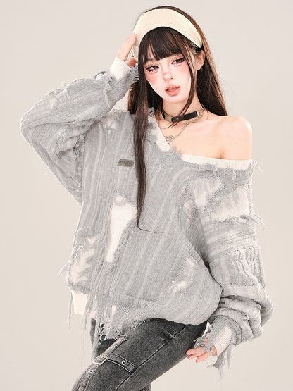 Black/Grey Distressed Holes Fake Two-piece V-neck Loose Sweater
