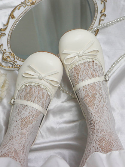 Lolita Beige mit matten Schuhen Schleife Flache runde geknotete Spitze