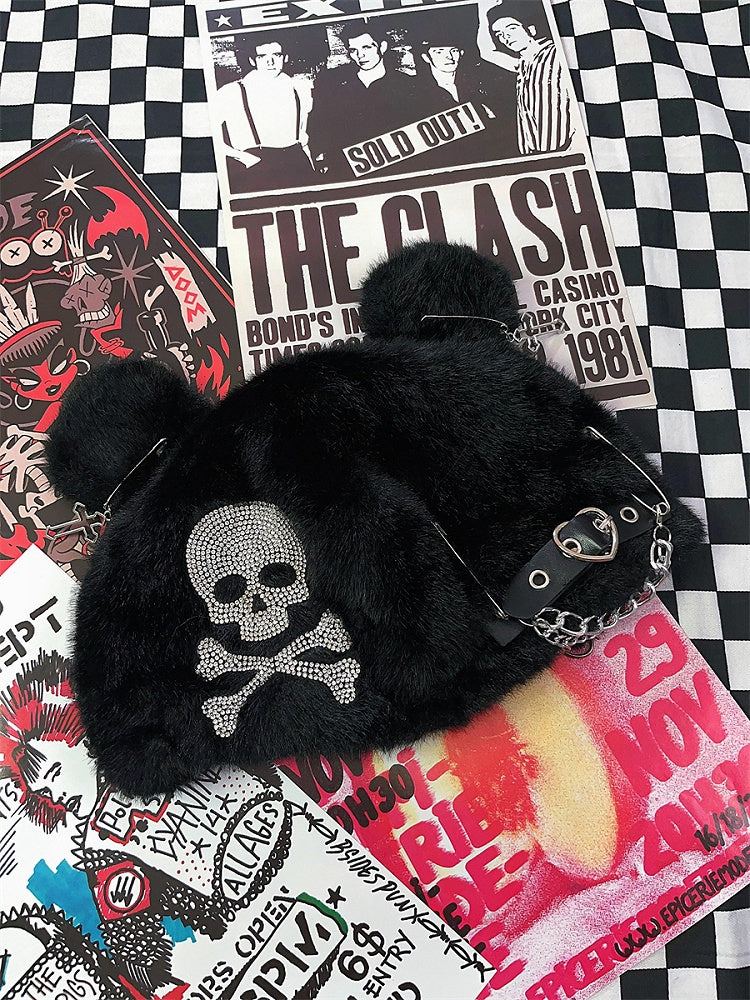 Black Skeleton Rhinestone Bear Ears Design Hat