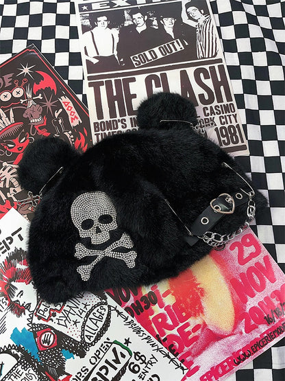 Black Skeleton Rhinestone Bear Ears Design Hat