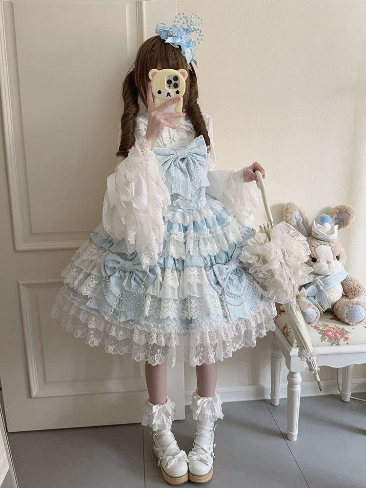 Lolita Skirt Dress Big Bows Decoration Hanayome Blue Tiered