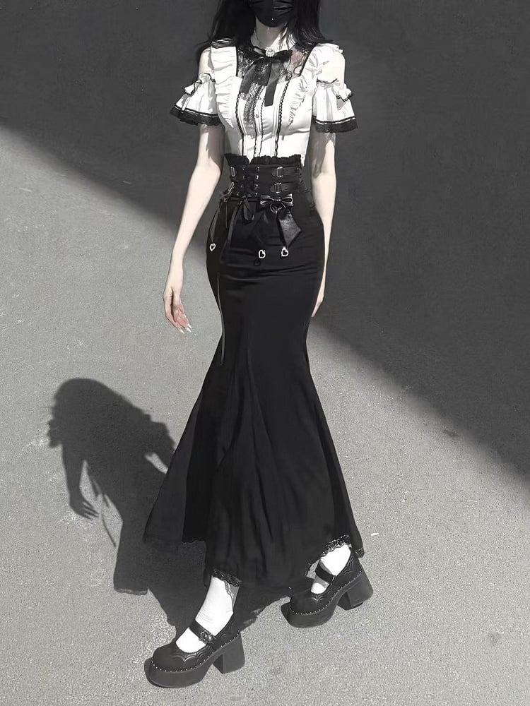 Lace-up Front High Waist Mermaid Skirt with Jirai Kei Black