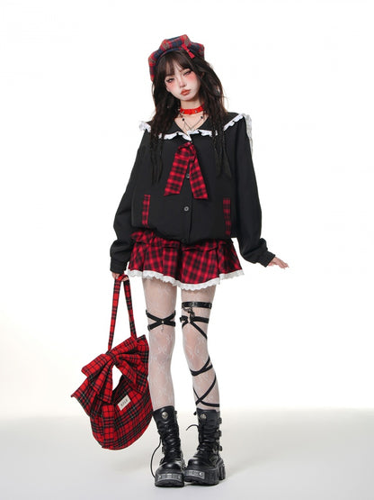 Black Sailor Collar Plaid Bowknot Jacket