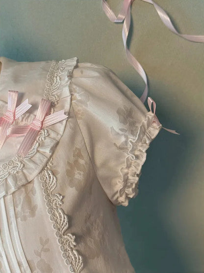 Peter Sleeves Decorated Collar Pan Puff Blouse Bows White Pink