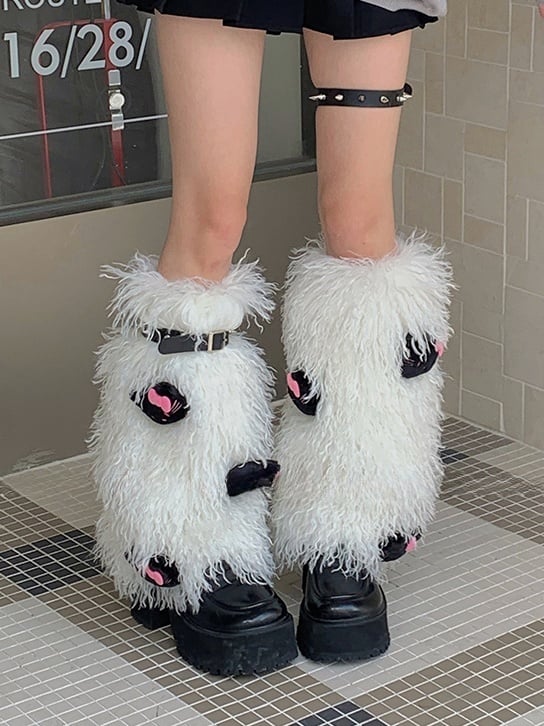 White/Pink/Coffee Stud Shaggy Leg Warmers With Kitty Plushie