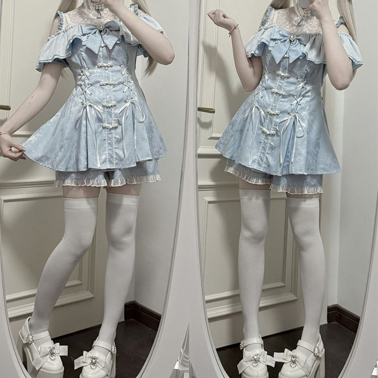 Shorts Bow Tie Cheongsam Light + Neckline Kei Style Set- Jirai Illusion Mini Dress Blue + Bell Sleeves