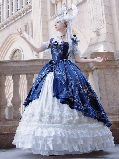 Dark Blue and White Gorgeous Train Dress Lolita Jumper Skirt