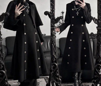 Design / Coat Black Detachable Cape Trench Gray Double-Breasted