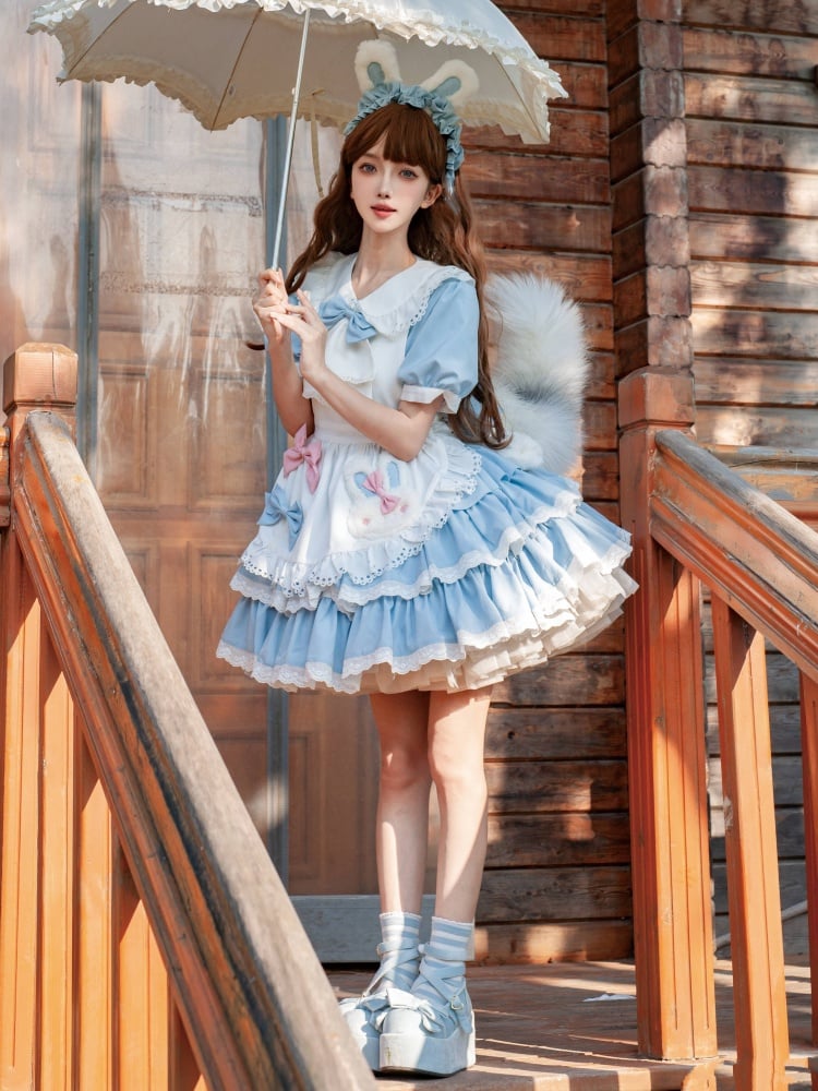 Blue and White Bunny Theme Tiered Ruffles Maid Lolita Dress