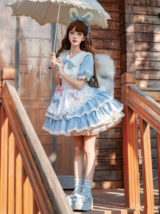 Blue and White Bunny Theme Tiered Ruffles Maid Lolita Dress