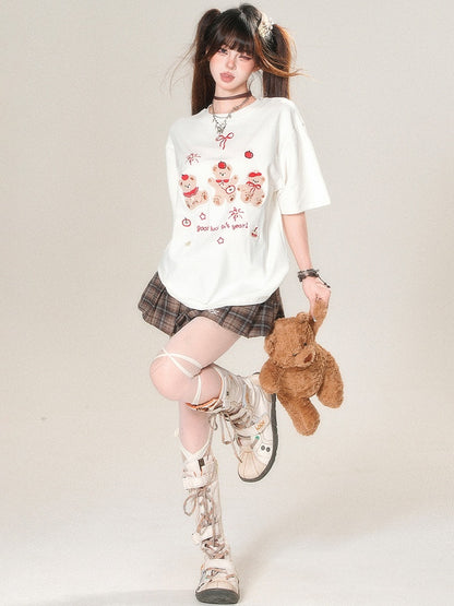White/Black And Kawaii Daily Applique Bear Embroidery T-shirt Letter Firework