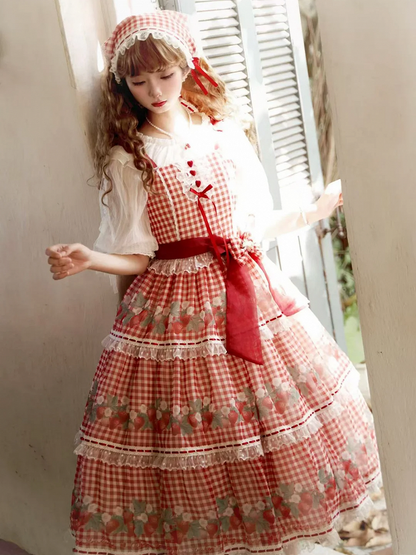 Robe vichy pique-nique Lolita rouge à imprimé fraises et jupe pull Sweet Lolita